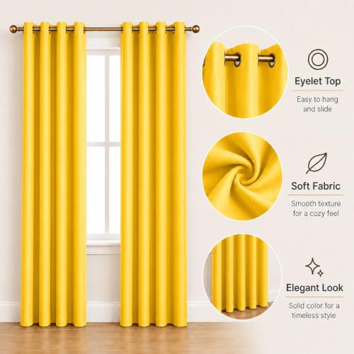 Image of Polyester Eyelet Door Curtain, Solid Plain Light Filtering Curtain for Bedroom, Living Room & Home Office, 7 Feet (84 x 48 Inch), Yellow, Pack of 2