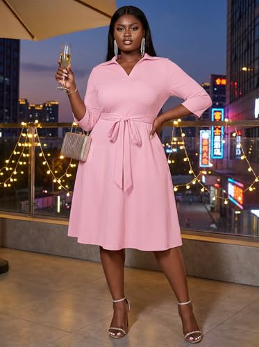 Image of FANDEE Plus Size Midi Dress for Women - Printing Summer Dresses for Wedding Guest Cocktail Party 3 /4 Sleeve V Neck（L-5XL）