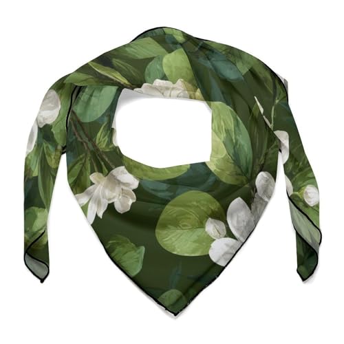 White Jasmine Flowers Women Hair Scarf Square Silk Like Head Scarves Handkerchief Satin Neck Scarf