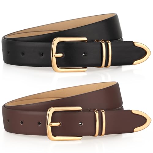 Monoluxe Pack 2 Women Belts for Ladies Jeans Pants with Fashion Faux Leather Gold Buckle2