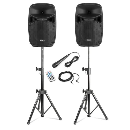 VONYX Pack Sono - Système de Sonorisation 400W avec 2 Enceintes Active et Passive et 2 Supports Réglables, Bluetooth, Idéal pour Les Soirées et Évènements