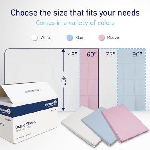 Image of Dynarex Disposable Drape Sheets - 40 inch x 60 inch (Case of 100), White, 2-Ply Tissue Paper for Patient Privacy, Exams, and Procedures