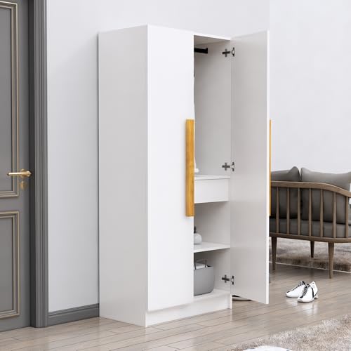 Image of Bniture 2 Door Wooden Wardrobe for Bedroom | Almirah for Clothes with 4 Shelves, Engineered Wood Wardrobe for Clothes | Cupboard for Bedroom (46D x 80W x 182H CM) | 3 Years Warranty (Frosty White)