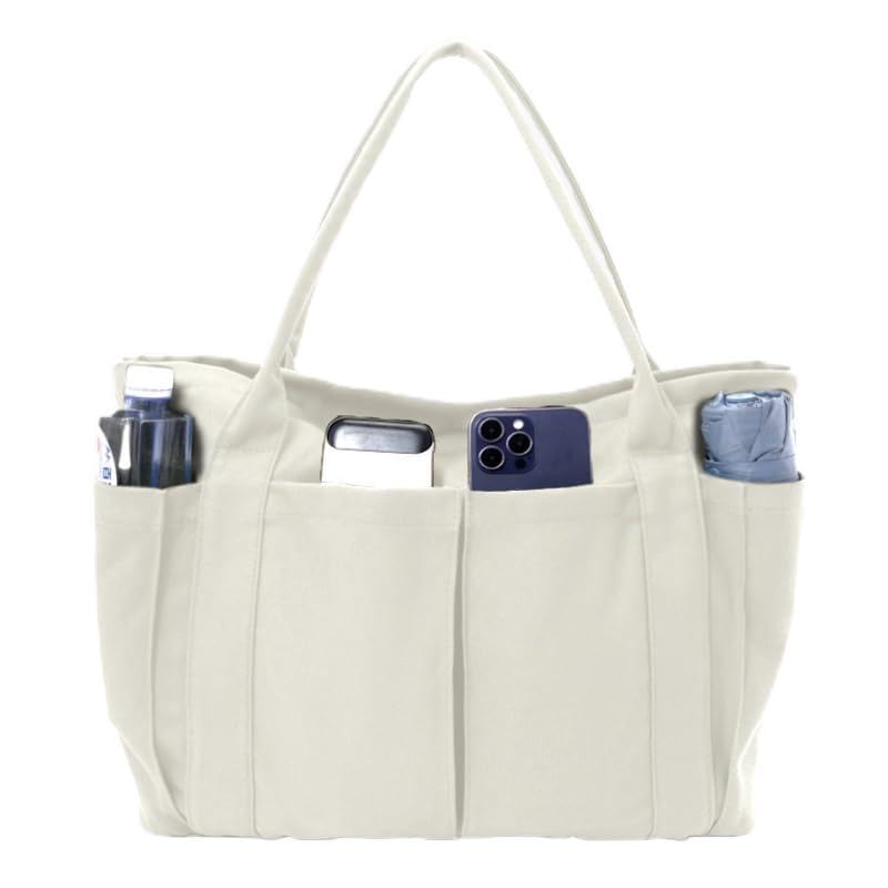 Large Canvas Tote Bag with 2 Front Pockets Carryall Laptop Bag Heavy Duty Everyday Shopping Bags