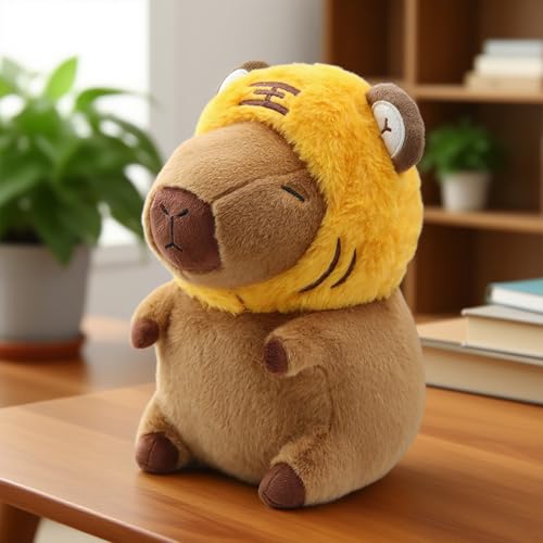 Image of Cute Capybara Plush Wear Tiger Hat, Kawaii Soft Capybara Plushie Pillow, 14 inch Capybara Stuffed Animal Hugging Gifts for Kids Adults (Tiger Capybara)
