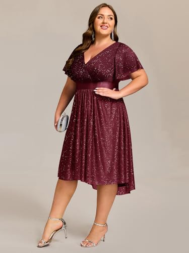 Image of Ever-Pretty Plus Women's Cocktail Party Dress V Neck A Line Glitter Plus Size Formal Wedding Guest Dresses for Curvy Women