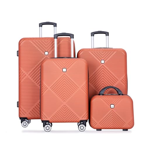 4-Piece ABS Lightweight Suitcase Set, 14in Makeup Box, Spinner Wheels, (14/20/24/28 inch), Dark Orange