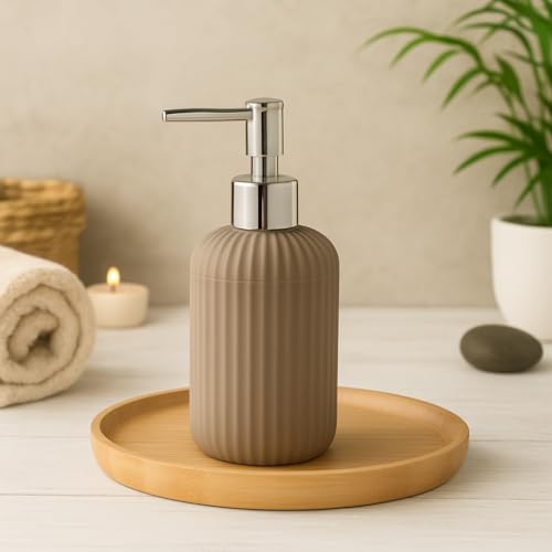 Image of LAGET 300ml Soap Dispenser for Wash Basin -Ribbed Design | Kitchen and Bathroom Accessories Items | Liquid Handwash Dispenser Bottle Chrome Finsih Top- Set of 2 (Metallic Blue and Grey)