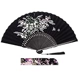 JOHOUSE Black Fabric Folding Hand Fan with Tassel and Pouch – Elegant Foldable Handheld Fan for Women, Wedding Fans for Guests, Chinese and Japanese Style Asian Gift for Party, Dance & Home Decoration