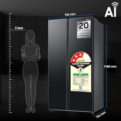Samsung 653 L, 3 Star, Frost Free, Side By Side AI Enabled Smart Refrigerator With WiFi , Convertible 5-in-1 Digital Inverter (RS76CG8003B1HL, Black Matte)