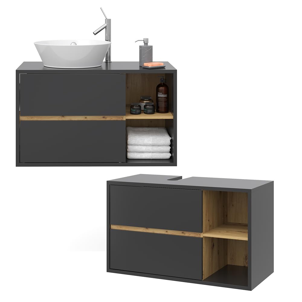 Vicco Mobile sottolavabo per bagno Viola, Antracite, 100 x 60 cm, con intaglio per sifone e ripiani aperti per montaggio a parete