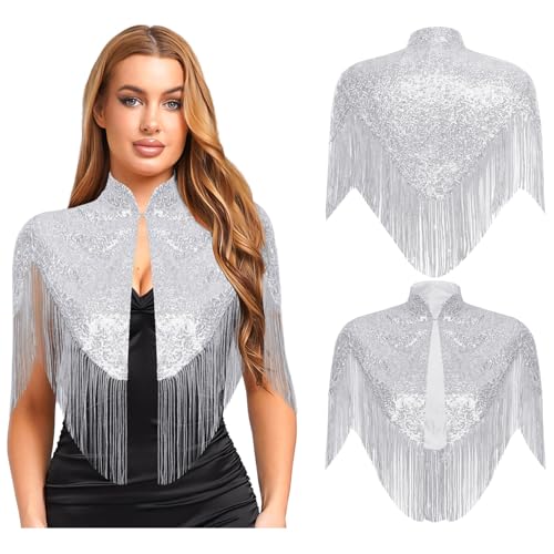 Womens 1920s Sequined Shawl Wraps Sparkly Glitter Fringed Wedding Cape for Evening Party 5