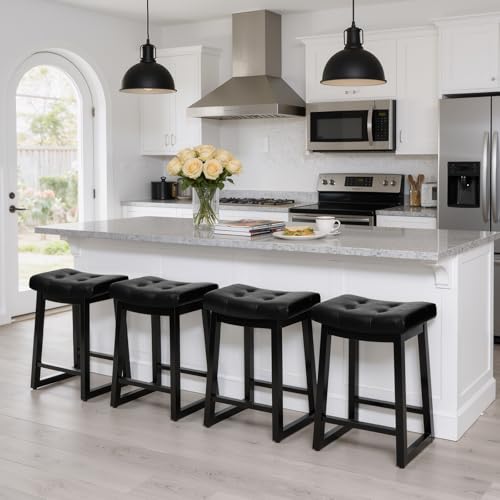 Image of Counter Height Bar Stools Set of 4, 24 Inch Backless Upholstered Leather Counter Stools with Wood Legs, Modern Farmhouse Saddle Stools for Kitchen Island, Home Bar, Black
