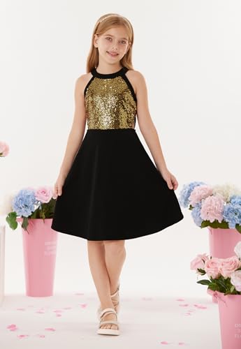GRACE KARIN Girls Sequin Party Dress Holiday Birthday Dance Formal Halter Cutout Waist Trendy Prom Dress Size 6-14Y4