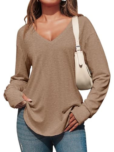 Fisoew T-shirt à manches longues pour femme, col en V profond, manches longues, surdimensionné, tunique avec trou pour les pouces, café, XXL