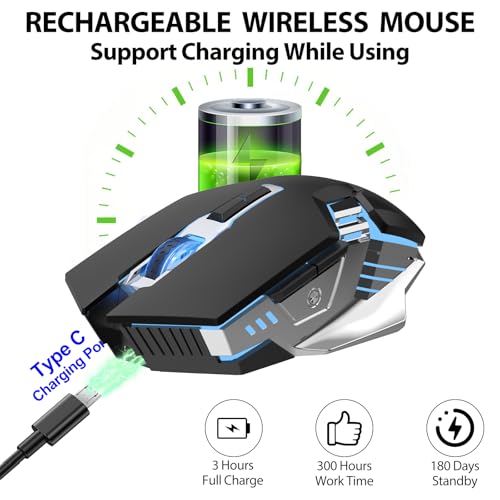 Image of Bluetooth Gaming Mouse, RGB Rechargeable USB Wireless Mouse, Quiet Click, LED Backlit, Ergonomic, with Side Button, 6 Button, DPI Adjustable, Computer Mice for Laptop PC MacBook Chromebook - Black