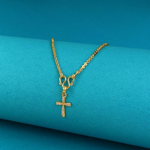 Image of CUTE GOLD One Gram Micro Gold Plated Men Style Lord Jesus Cross Stone Pendant Chain For Mens And Womens (18 inch)(DC-1190)