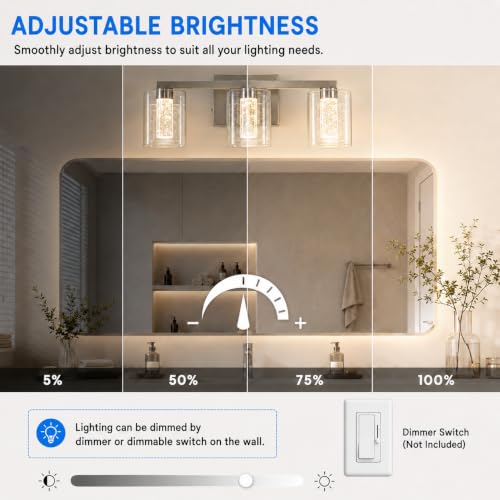 Image of LED Vanity Lights for Bathroom,3 Light Electroplated Nickel Bathroom Light Fixtures Over Mirror,3 Color Lighting with Crystal Bubble Glass&Clear Glass Shade,Modern Vanity Light for Bathroom
