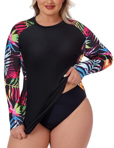 Zamowoty Women's Plus Size Rash Guard Long Sleeve Swim Shirt UPF50+ Sun Protection Loose Fit Quick Dry Swimsuit Tops