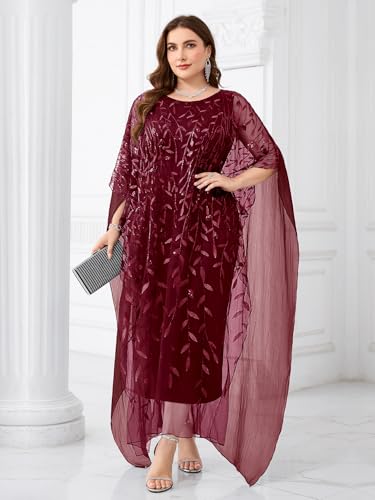 Image of Plus Size Sparkly Formal Evening Gown Sequin Cape Overlay Mother of Bride Dress Wedding Guest Cocktail Party