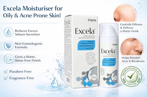 Image of Excela Moisturiser for Oily & Acne Prone Skin, Reduces Sebum Secretion, Non-Comedogenic, Matte Feel, Fragrance Free, Paraben Free, 50g