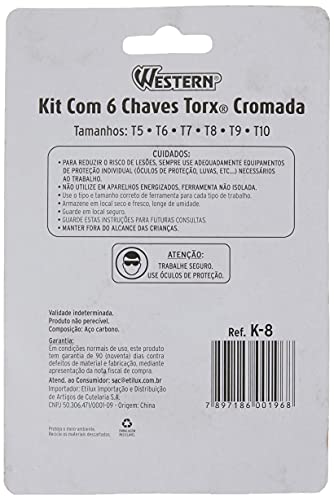 Western K-8 Chave Torx, Prata, T5 - T10, 6 unidades