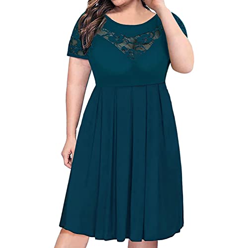 Image of Women's Plus Size Short Sleeve Lace Midi Dress Pleated Casual Summer Flowy Dress with Pockets