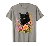 Black Cat Flower Floral Cute Cat Graphic T-Shirt