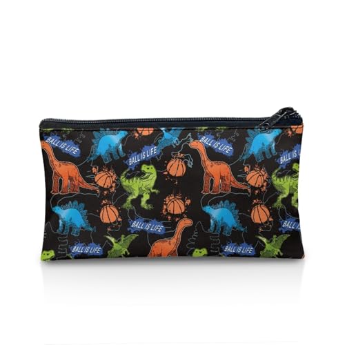 Image of Basketball Dinosaur Pencil Case for School Black Pen Holder for Toddler Kindergarten Wear Resistant Pencil Pouch with Zipper Closure for Little Boys