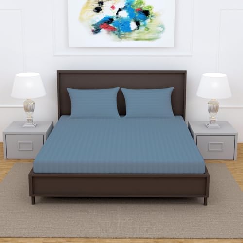 Image of Divine Casa Cotton 210 TC King Size Bedsheet Italian Stripe | Soft Comfortable Breathable Bed Sheet with 2 Pillow Covers | Premium Stripe Design Bedding Set | 275 x 275 cm (Jean Blue, Striped)