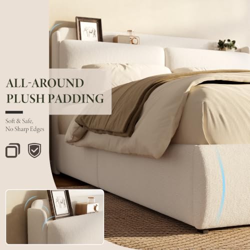 Image of Garvee Chenille Fabric Full Size Bed Frame with 2 Storage Drawers - Beige