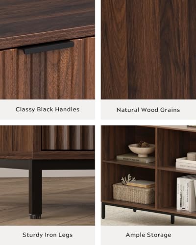 Image of EYYTHUNG L Executive Desk with Storage Cabinet, 60 inch Fluted Modern Flexible Home Office Desk, Large Wood Convertible Computer Standing Up Desk with File Drawer, Writing Desk, Brown