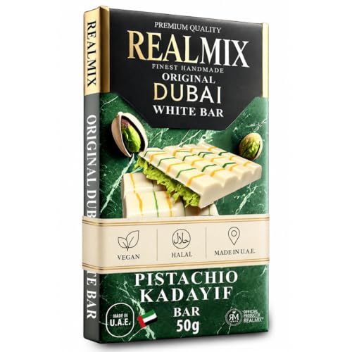 REALMIX Dubai Weiße Schokolade Exklusive Dubai Schokolade mit Pistaziencreme und Knuspriger KunafaFüllung Authentische Luxus Schokolade exotische Pistazien Schokolade (50g Weiße Schokolade)