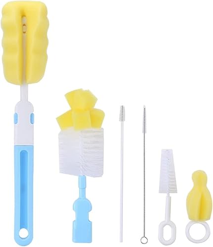 哺乳瓶ブラシセット ボトルブラシ スポンジブラシ 乳首 哺乳瓶 水筒 洗浄ブラシ 衛生なPP製 6点セット (ブルー)