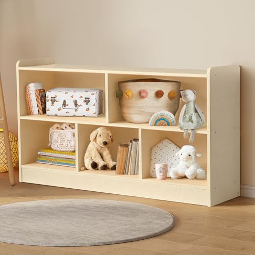 Image of Wooden Kids Storage Cabinet, 5-Section Toddler Montessori Bookshelf, Kids Organizer for Classroom, Playroom, Kindergarten, Large Size