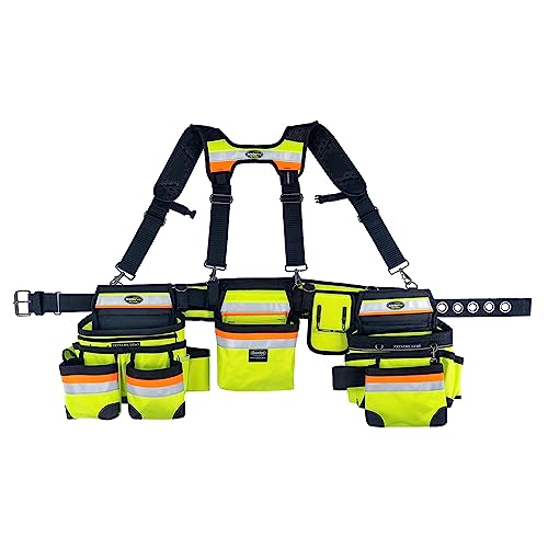 Bucket Boss 3 Bag Tool Belt with Suspenders in Safety Yellow with High-Visibility, 55185-HVOY, 3M Scotchlite High Visibility