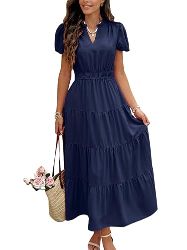 Image of ECOWISH Summer Maxi Dress for Women Casual Flowy V Neck Short Sleeve A Line Empire Waist Tiered Long Dresses with Pockets