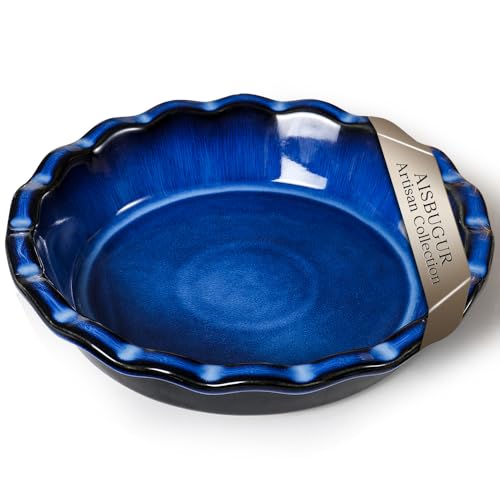 AISBUGUR Molde de cerámica para tartas, plato hondo para tartas, plato antiadherente de 9 pulgadas y plato redondo para hornear con borde con volantes, ideal para manzana, quiche y pasteles de olla,