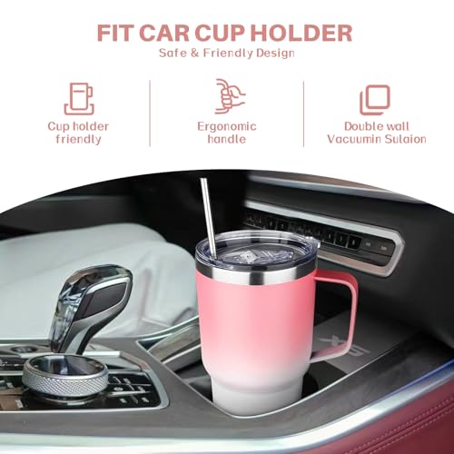 Image of 30 oz Tumbler with Handle, Stainless Steel Insulated Tumbler with Lid and Straw, Double Wall Vacuum Insulated Coffee Mug Tumbler, Insulated Coffee Thermal Cup for Cold and Hot (Pink White)