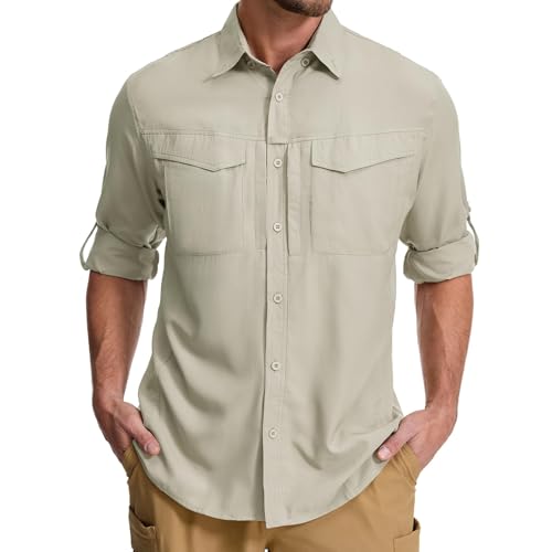 Asfixiado Safari UPF50+ Chemise de randonnée à manches longues pour homme Protection UV Respirant Séchage rapide, Kaki clair, L