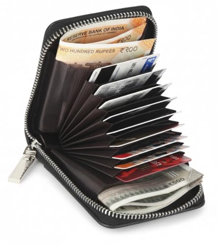 Image of NAPA HIDE Slim Zipper Card Holder Wallet for Men & Women | RFID Blocking Accordion Credit Card Case | Compact Cash & Card Organizer with Smooth Metal Zip (Black)