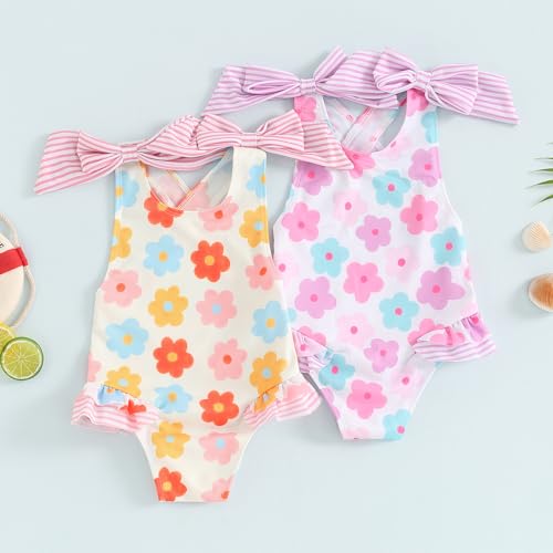 Image of Toddler Kids Girl One Piece Swimsuit Floral Sleeveless Backless Swimwear Bowknot Ruffled Bathing Suit Beachwear