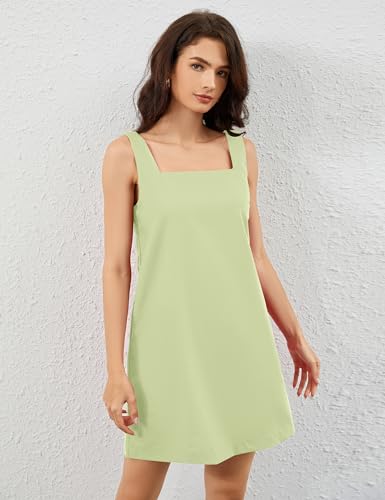 Image of Summer Linen Mini Dress for Women Sleeveless Square Neck Tank Shift Dresses Causal Backless Solid Short Sundress