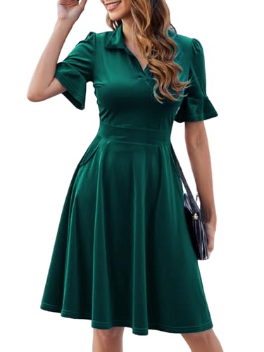 Image of Mokayee Womens Summer Ruffle Sleeve Collared V Neck Fit and Flare Elegant A line Swing Dresses with Pockets