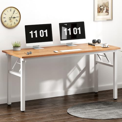 Image of Need Folding Computer Desk, 55 inches Large Home Office Desk, Student Study Desk Writing Desk Workstation, No Assembly Needed, Teak and White