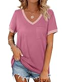 Geifa Womens Summer Clothes 2026 Loose Fit Short Sleeve V Neck T Shirts Easter Color Block Pink L