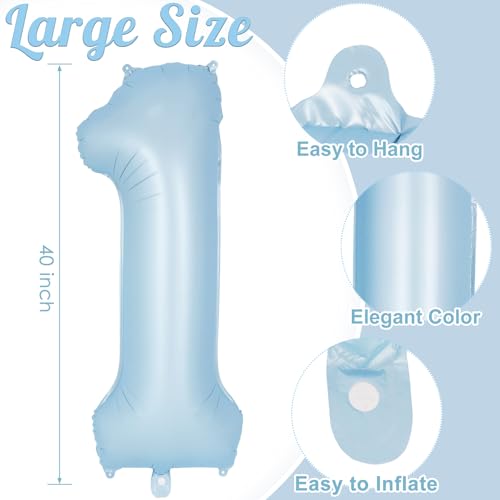 Image of Light Blue Number 1 Balloon, 40 Inch Big Large Foil Number Balloons, Giant Mylar Number 1 Balloons for 1st First Birthday Baby Party Decorations Supplies Anniversary