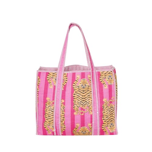 Image of Handmade Tiger Print Quilted Cotton Tote Bag for Women, Boho Shoulder Bag, Large Reusable Shopping Tote, Lightweight Travel Beach Everyday Bag (DN 9)