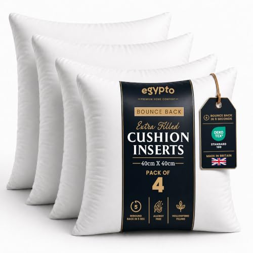 EGYPTO Pack of 4 Cushion Inserts 40cm x 40cm | Plump Bounce Back 16x16 Inch Cushion Inserts | Hypoallergenic Throw & Sofa Pillows Inner | Made in UK