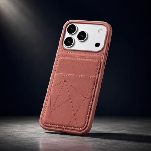 Image of amazon basics Premium Vegan Leather Back Cover with Card Holder and Integrated Mobile Stand for iPhone 17 Pro Max - Slim Shockproof Wallet Case with Geometric Stitching [Pink]